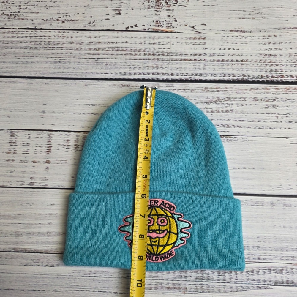 Killer Acid Worldwide Acrylic Beanie Hat Teal Embroidered Pink Yellow One Size - Picture 5 of 5